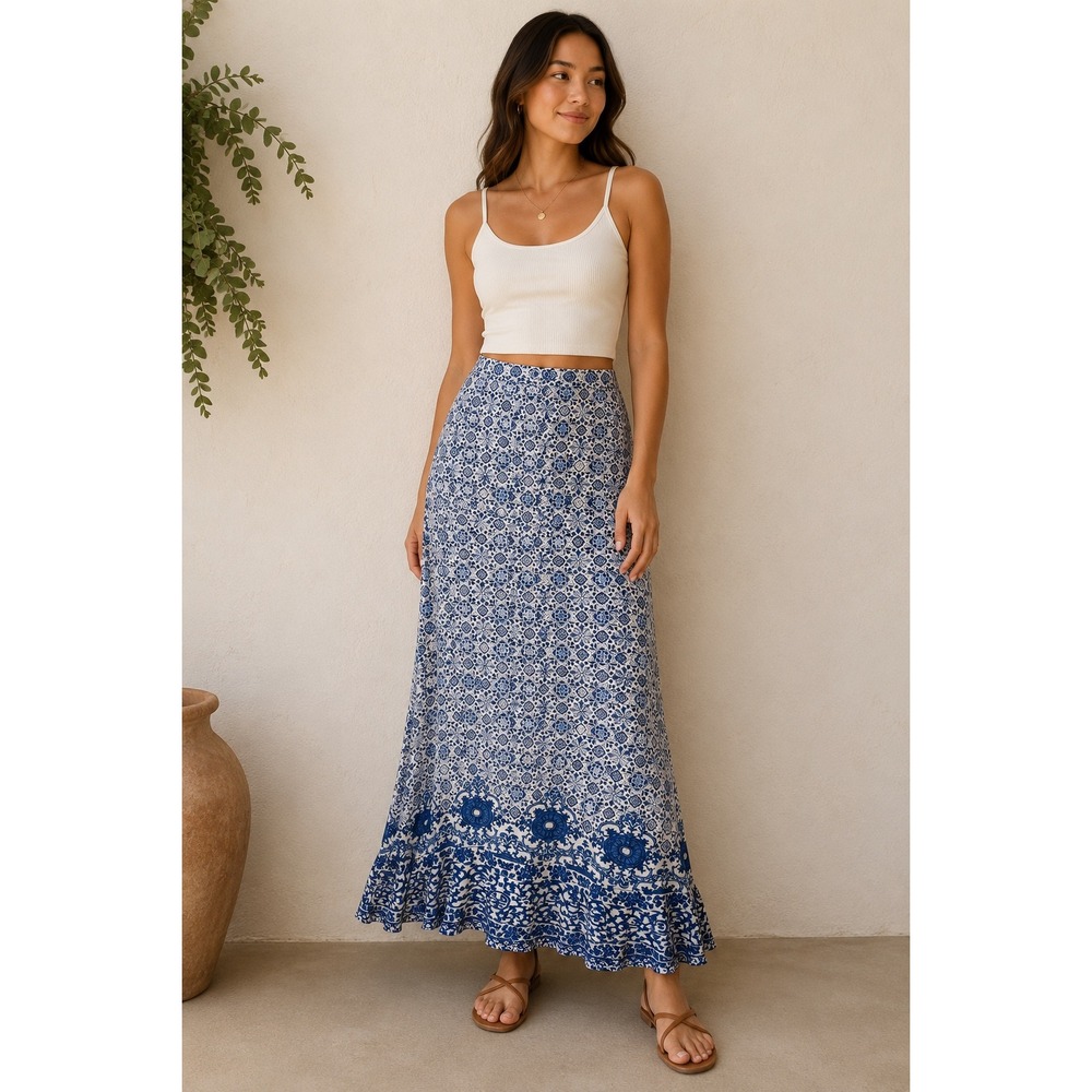 Feathers by Tolani Blue and White Floral Tile Print Maxi Skirt Flowy Boho Summer